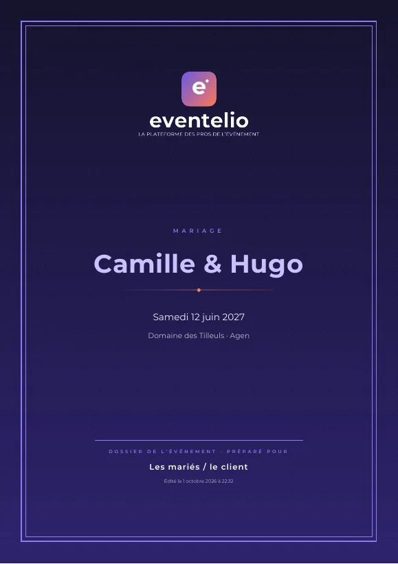 Couverture du dossier PDF d’un mariage : logo Eventelio, prénoms, date et lieu