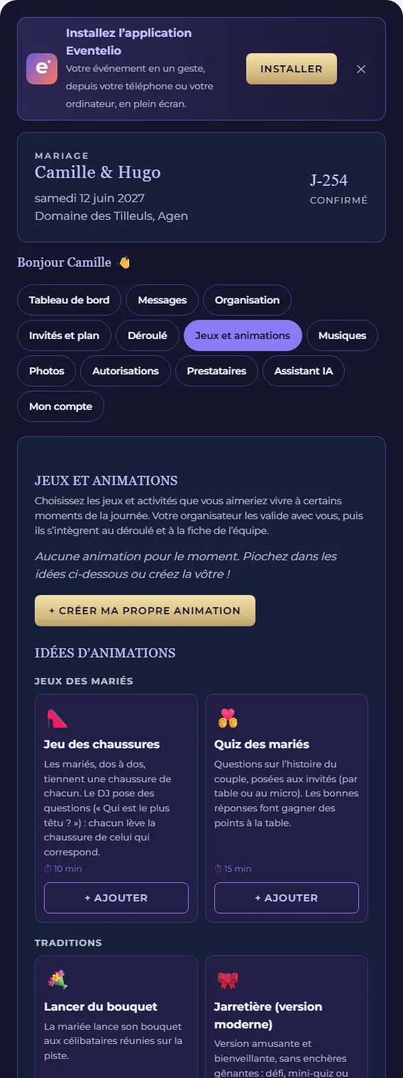 Catalogue d’idées de jeux et d’animations : jeu des chaussures, quiz des mariés, lancer du bouquet, avec durée et bouton d’ajout