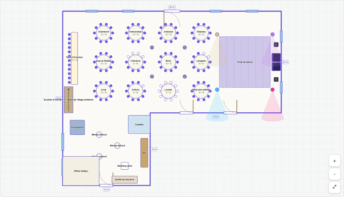 Plan 2D d’une salle : tables rondes numérotées avec leurs places occupées, table d’honneur, piste, bar et office traiteur