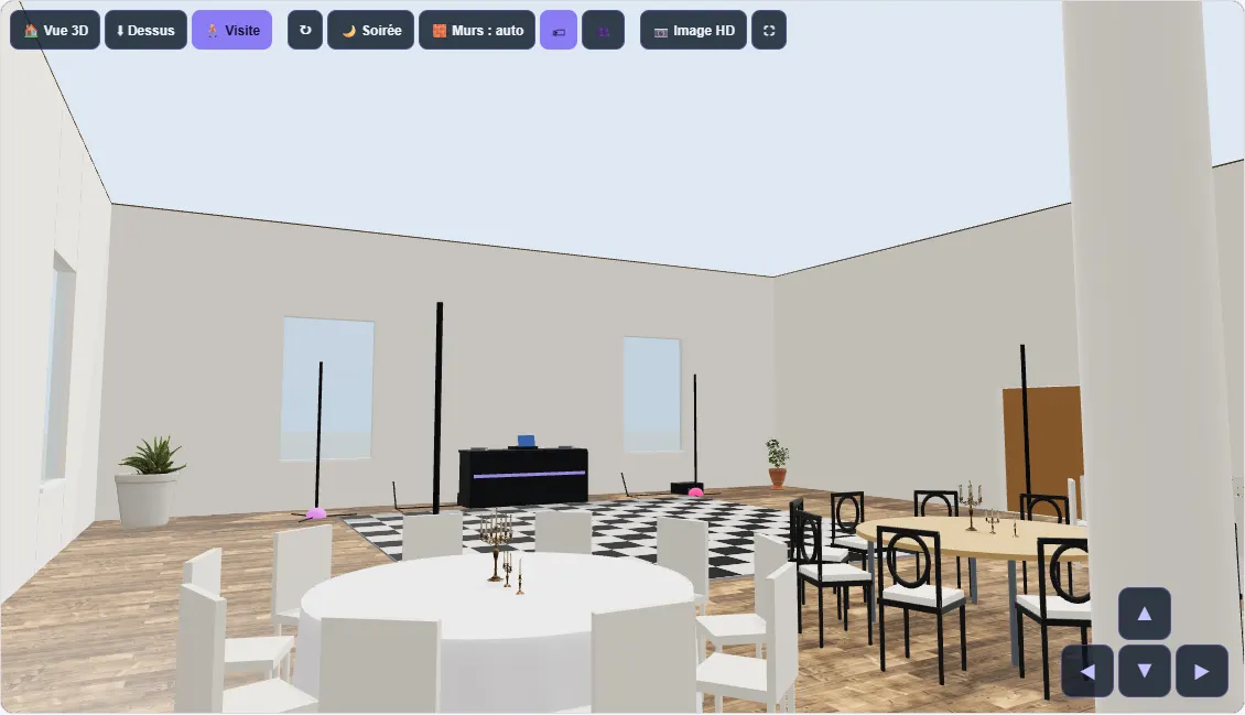 Visite en 3D à hauteur d’invité : tables dressées, piste de danse et régie DJ vues depuis la salle